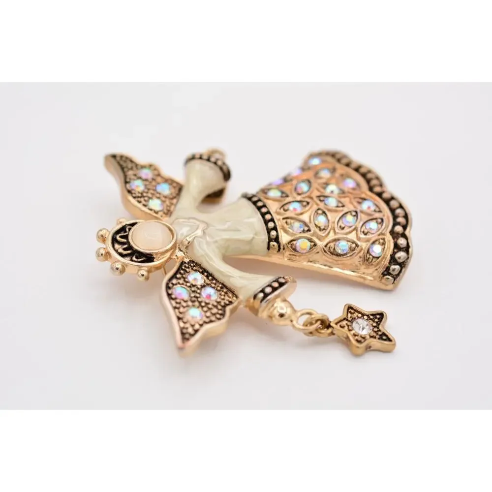KC Vintage Christmas Angel Pin Brooch Star Heart AB Rhinestone Signed 90s Bin5A